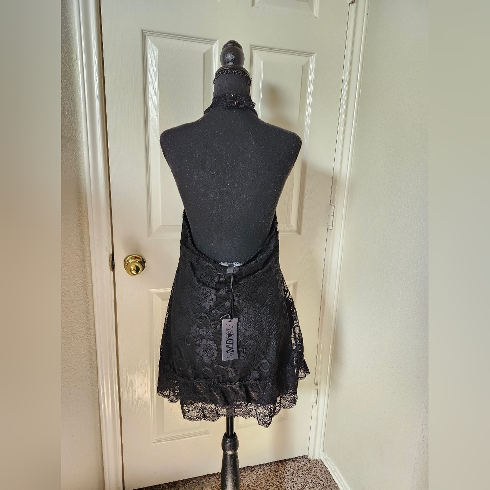 Widow Black Lace Up Choker Floral Lace Slip Mini Dress Open Back - Goth XXL - Picture 10 of 12